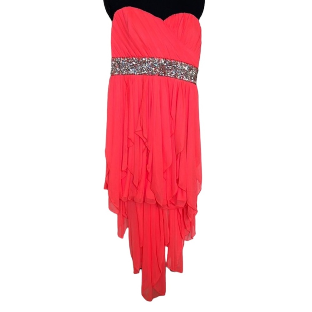 Sequin Hearts strapless chiffon embellished high low cocktail dress